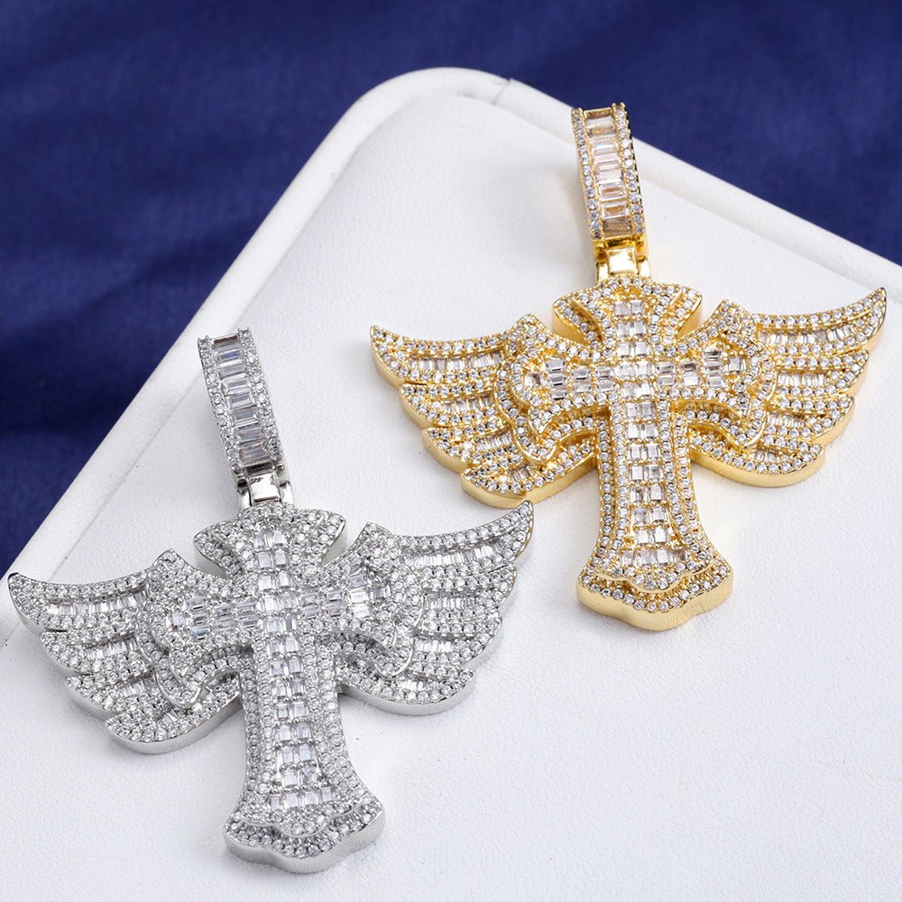 Iced Out Baguette Moissanite Cross with Angel Wings – 925 Sterling Silver Hip Hop Pendant Necklace | VVS Stones | GRA Certified Silver - KRWN Fine Jewelry