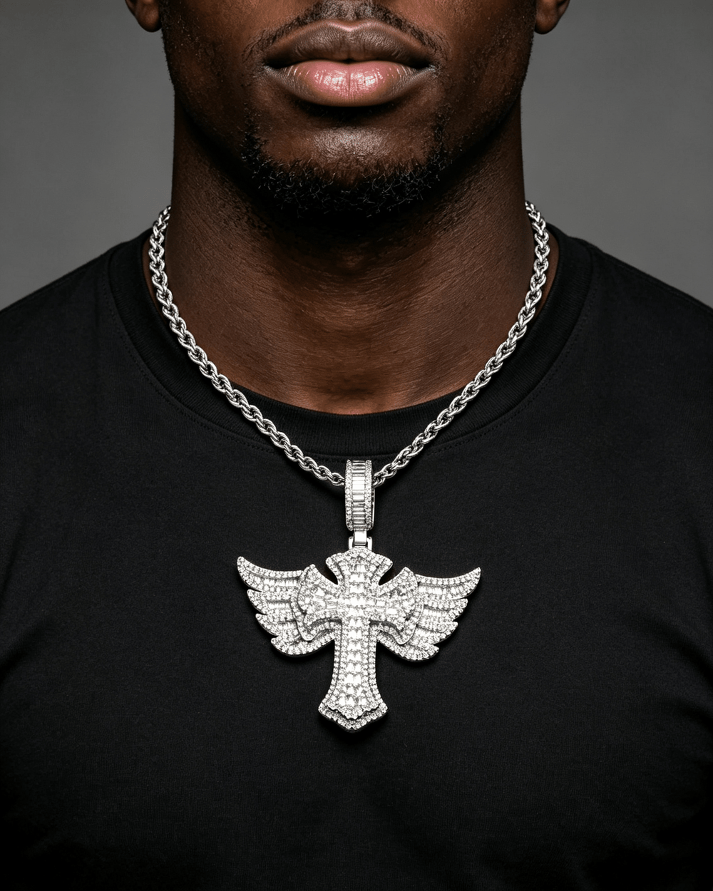 Iced Out Baguette Moissanite Cross with Angel Wings – 925 Sterling Silver Hip Hop Pendant Necklace | VVS Stones | GRA Certified Silver - KRWN Fine Jewelry