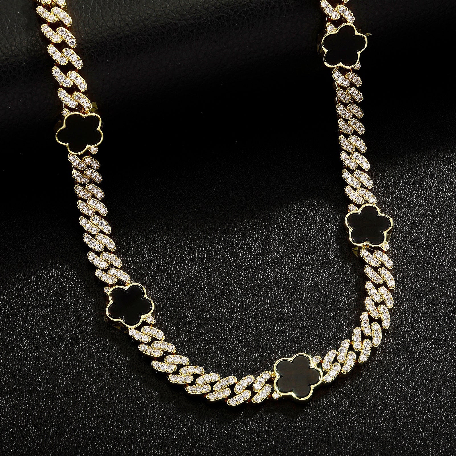 Iced Out Clover Cuban Link Chain Necklace Black Four Leaf Clover
