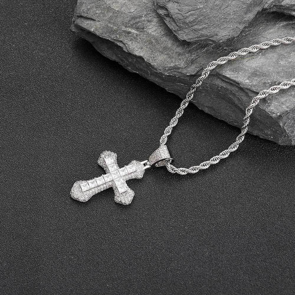 Iced Out Cross Pendant Necklace - Princess Cut Colorful CZ 24" Rope Chain Hip Hop Jewelry White Gold (Clear CZ) - KRWN Fine Jewelry