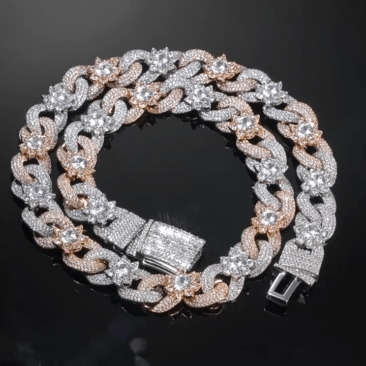Iced Out Flower Cuban Link Chain β 15mm Pave-Set CZ Hip Hop Necklace for Men & Women | 170g Heavy Statement Jewelry White Gold - KRWN Fine Jewelry