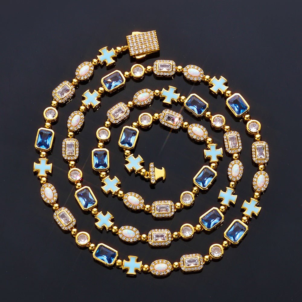 Iced Out Gold Chain Necklace for Men – Blue Gemstone Cross CZ Diamond Hip Hop Jewelry 16-24 Inch Gold - KRWN Fine Jewelry