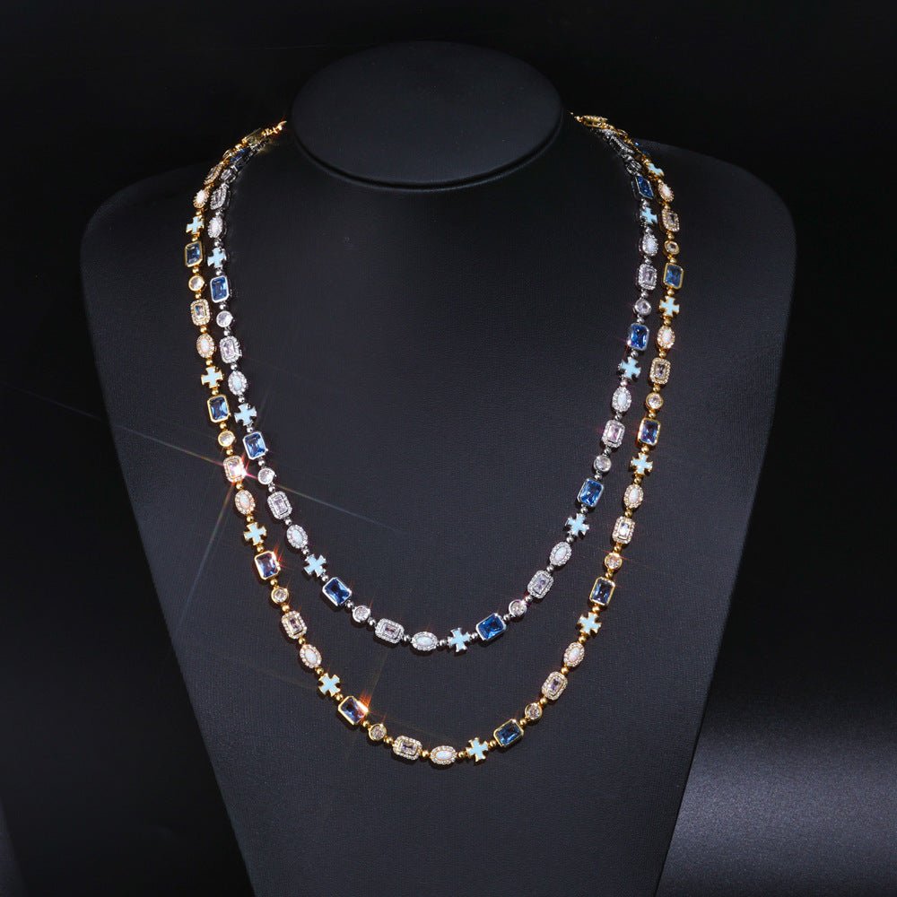 Iced Out Gold Chain Necklace for Men – Blue Gemstone Cross CZ Diamond Hip Hop Jewelry 16-24 Inch Gold - KRWN Fine Jewelry