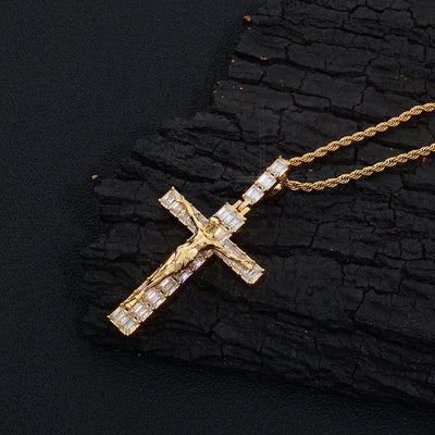 Iced Out Jesus Cross Pendant Necklace - Baguette CZ 24" Rope Chain Hip Hop Jewelry Gold - KRWN Fine Jewelry