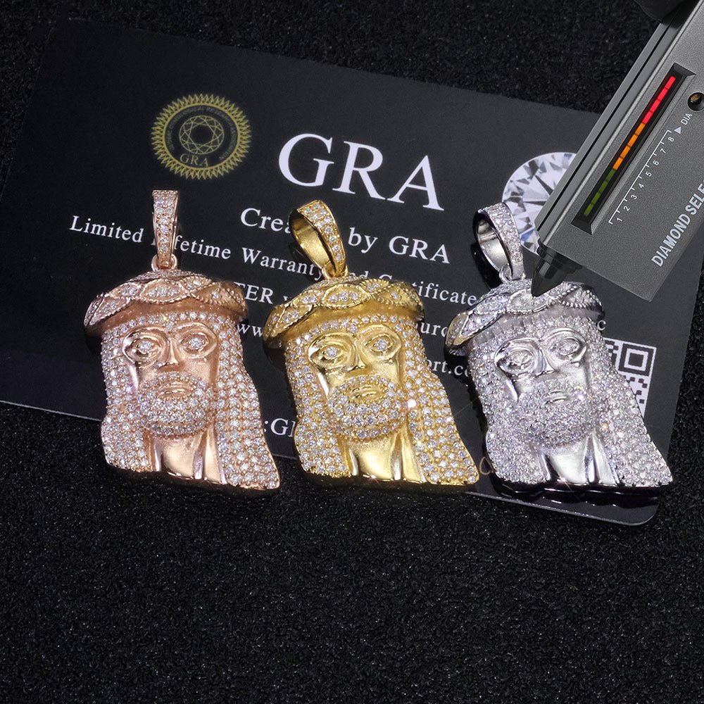 Iced Out Jesus Head Pendant – S925 Silver Full-Pave Moissanite Hip Hop Jesus Piece Necklace with 24" Rope Chain, Pass Diamond Tester Rose Gold - KRWN Fine Jewelry