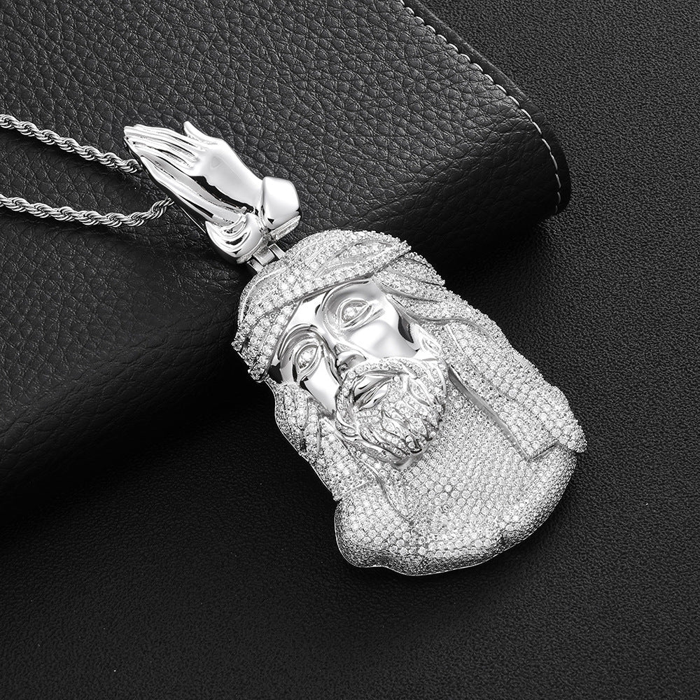 Iced Out Jesus Piece Pendant Necklace - Full Pave CZ 24" Rope Chain Hip Hop Religious Jewelry White Gold - KRWN Fine Jewelry
