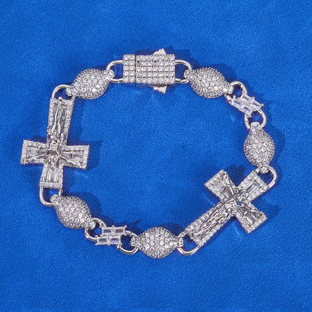 Moissanite Jesus Cross Bracelet for Men – S925 Silver Baguette Hip Hop Bangle 7-9 Inch Silver - KRWN Fine Jewelry