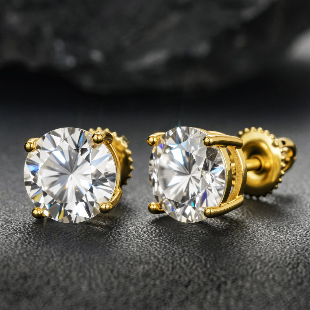 S925 Moissanite Round Stud Earrings — 4 Prong Gold Plated Solitaire Earrings for Men & Women, 3mm-8mm White Gold - KRWN Fine Jewelry