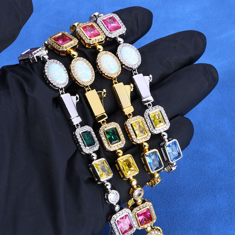 S925 Silver Multi-Gemstone Halo Tennis Bracelet – Moissanite-Iced Opal Ruby Sapphire Emerald Hip Hop Bracelet for Women Gold - KRWN Fine Jewelry