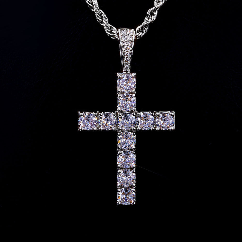 Iced Out Moissanite Cross Pendant – 925 Sterling Silver Hip Hop Cross Necklace with Rope Chain | VVS Moissanite | GRA Certified