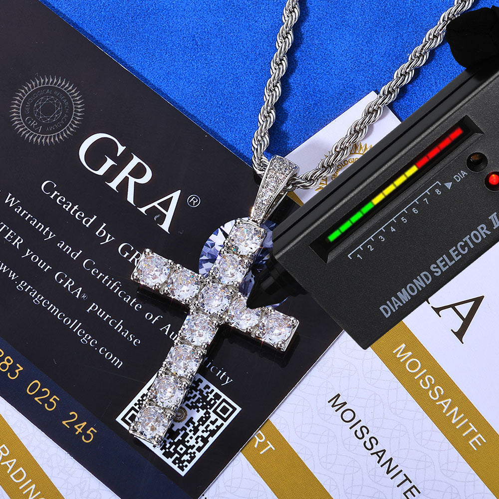 Iced Out Moissanite Cross Pendant – 925 Sterling Silver Hip Hop Cross Necklace with Rope Chain | VVS Moissanite | GRA Certified