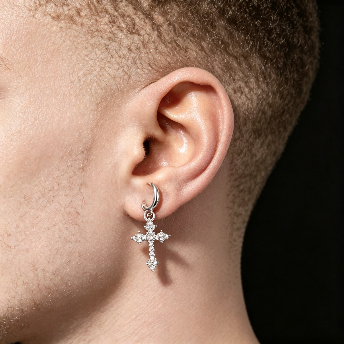 Iced Out Cross Hoop Earrings CZ Diamond Gold Silver Huggie Earring