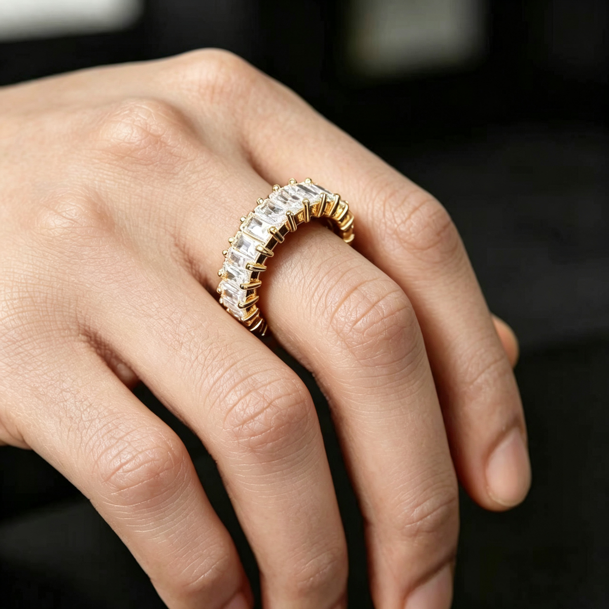 Esk EEM Emerald Cut CZ Eternity Band Ring | Iced Out Hip Hop Cuban Style | 18K Gold & White Gold Plated Copper | Unisex Statement Wedding Band Men Women Sizes 7-11
