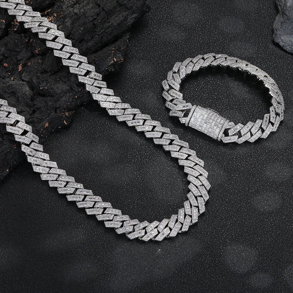 15mm Baguette Cuban Link Bracelet — Iced Out Rectangular CZ Gold Plated Hip Hop Chain for Men (62g Heavyweight) White Gold - KRWN Fine Jewelry