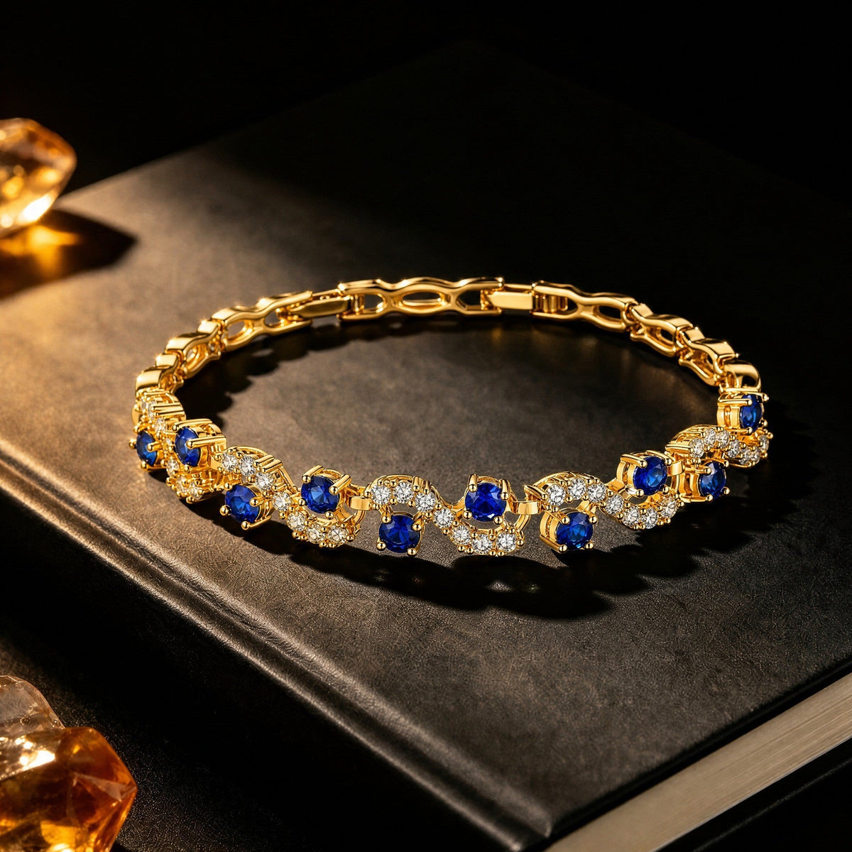 18K Gold Plated Blue Sapphire Tennis Bracelet CZ Diamond Women Fashion Jewelry 18K Gold - KRWN Fine Jewelry