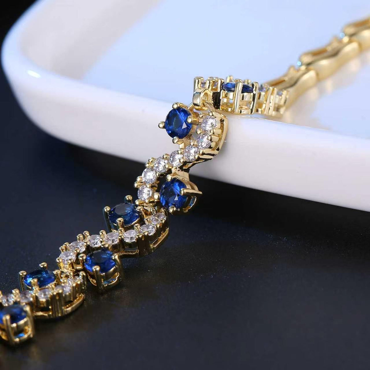 18K Gold Plated Blue Sapphire Tennis Bracelet CZ Diamond Women Fashion Jewelry 18K Gold - KRWN Fine Jewelry