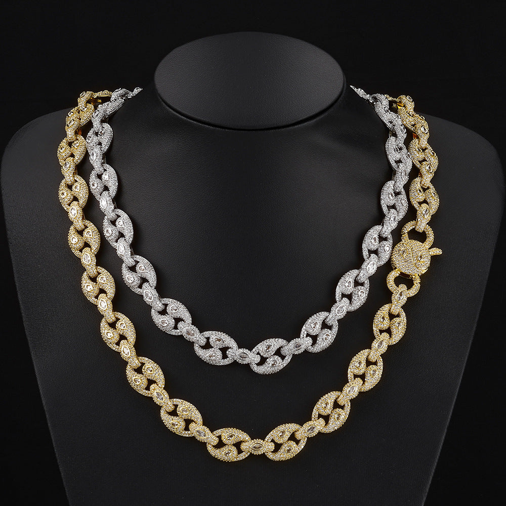 Iced Out Pig Nose Moissanite Chain Necklace 15mm – Marquise Oval Link Hip Hop Jewelry for Men, Copper Gold/White Gold Plated Iced Chain, 16"-24"