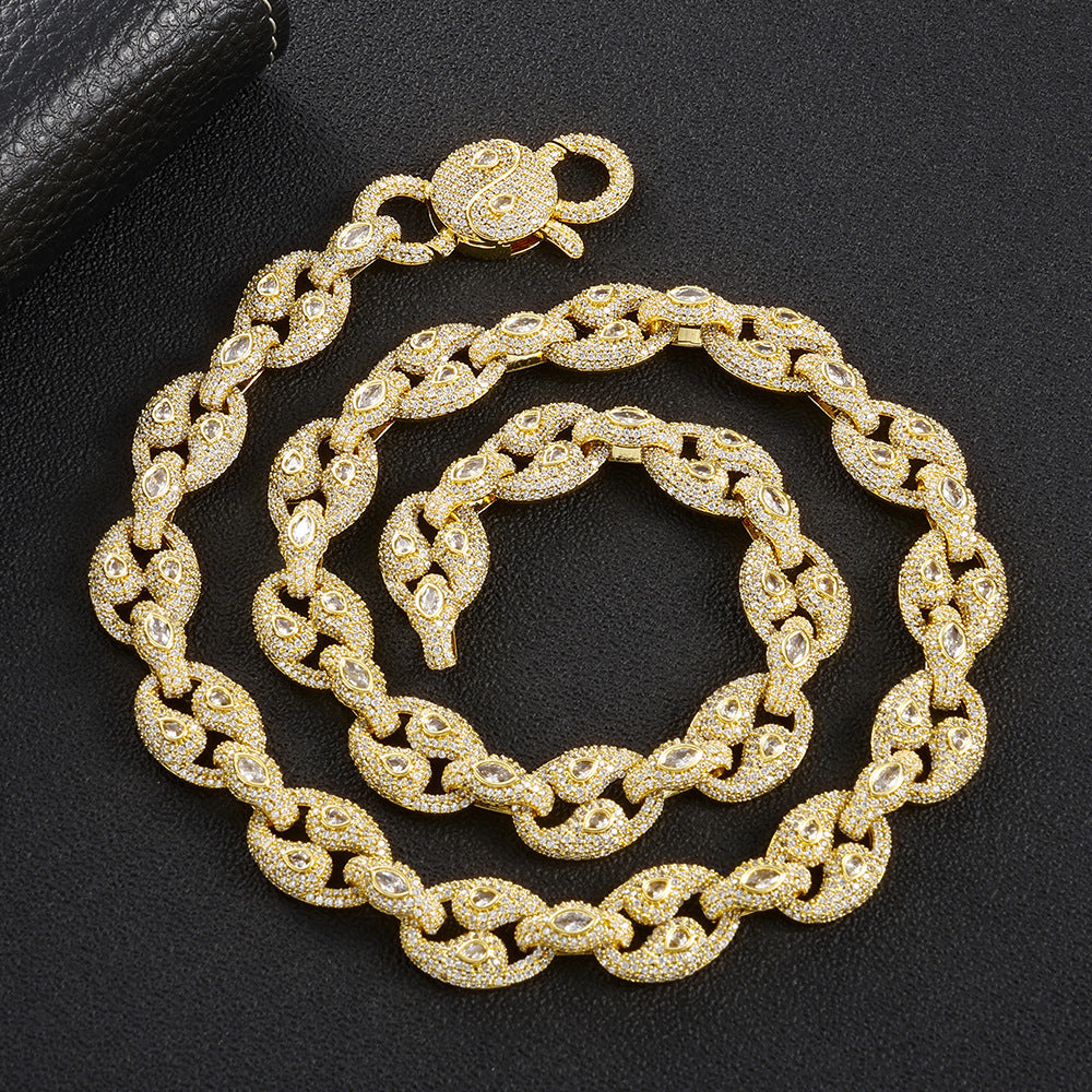 Iced Out Pig Nose Moissanite Chain Necklace 15mm – Marquise Oval Link Hip Hop Jewelry for Men, Copper Gold/White Gold Plated Iced Chain, 16"-24"