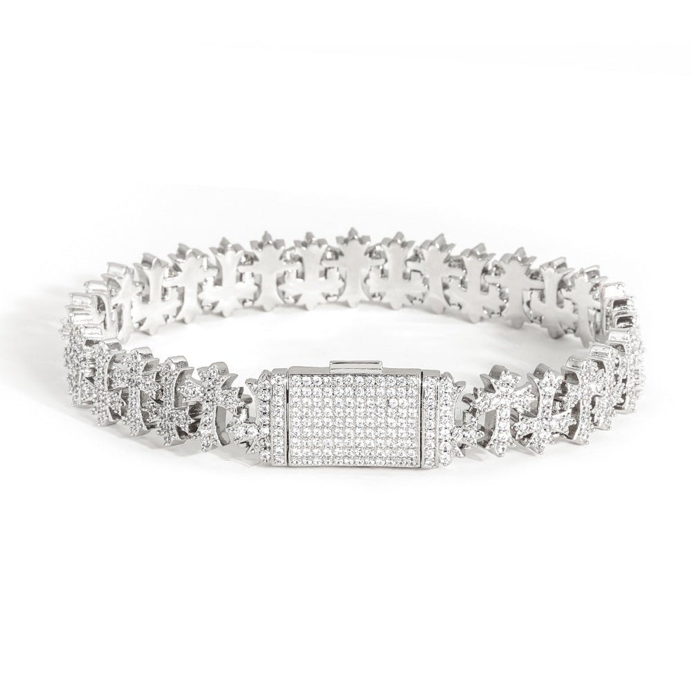 8.5mm Moissanite Cross Link Bracelet – S925 Silver Iced Out Hip Hop Cross Bracelet for Men & Women, Pass Diamond Tester Silver - KRWN Fine Jewelry