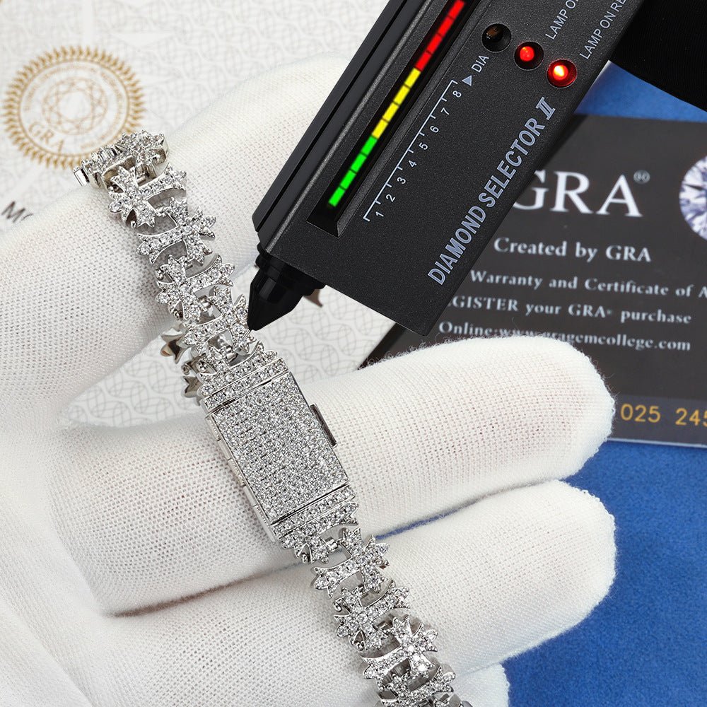 8.5mm Moissanite Cross Link Bracelet – S925 Silver Iced Out Hip Hop Cross Bracelet for Men & Women, Pass Diamond Tester Silver - KRWN Fine Jewelry