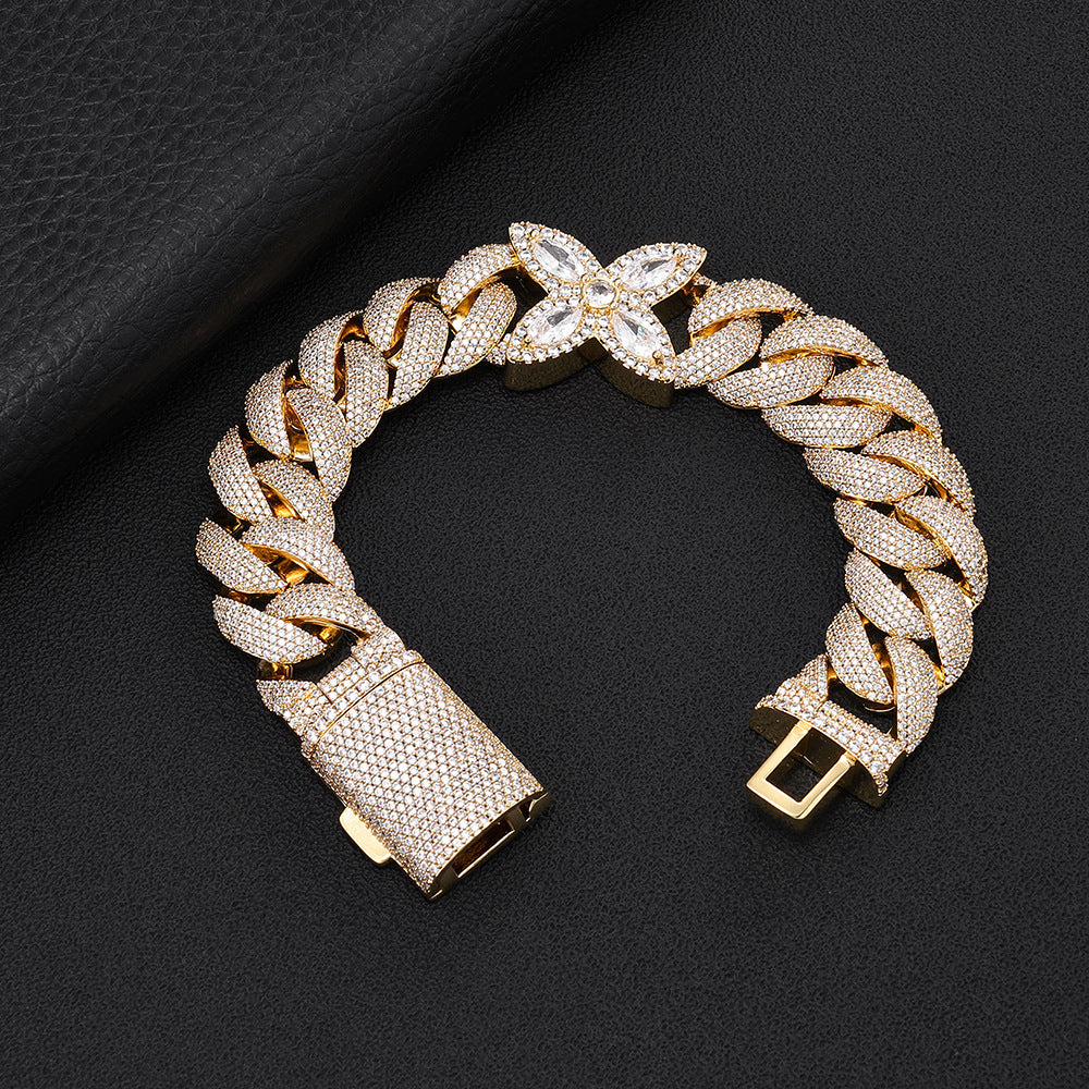 CHA458 Iced Out Cuban Link Bracelet | 18K Gold Plated CZ Flower Bubble Cuban Chain | Hip Hop Rapper Style Chain Bracelet for Men Women 7-9 Inch