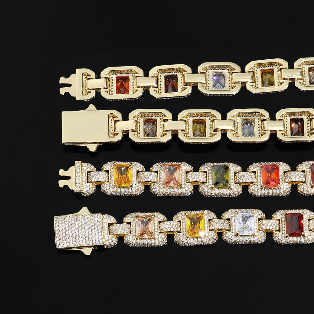Iced Out Colorful Gemstone Chain Necklace – 12MM Multi-Color Zircon Square Link Hip Hop Jewelry | Esekeem