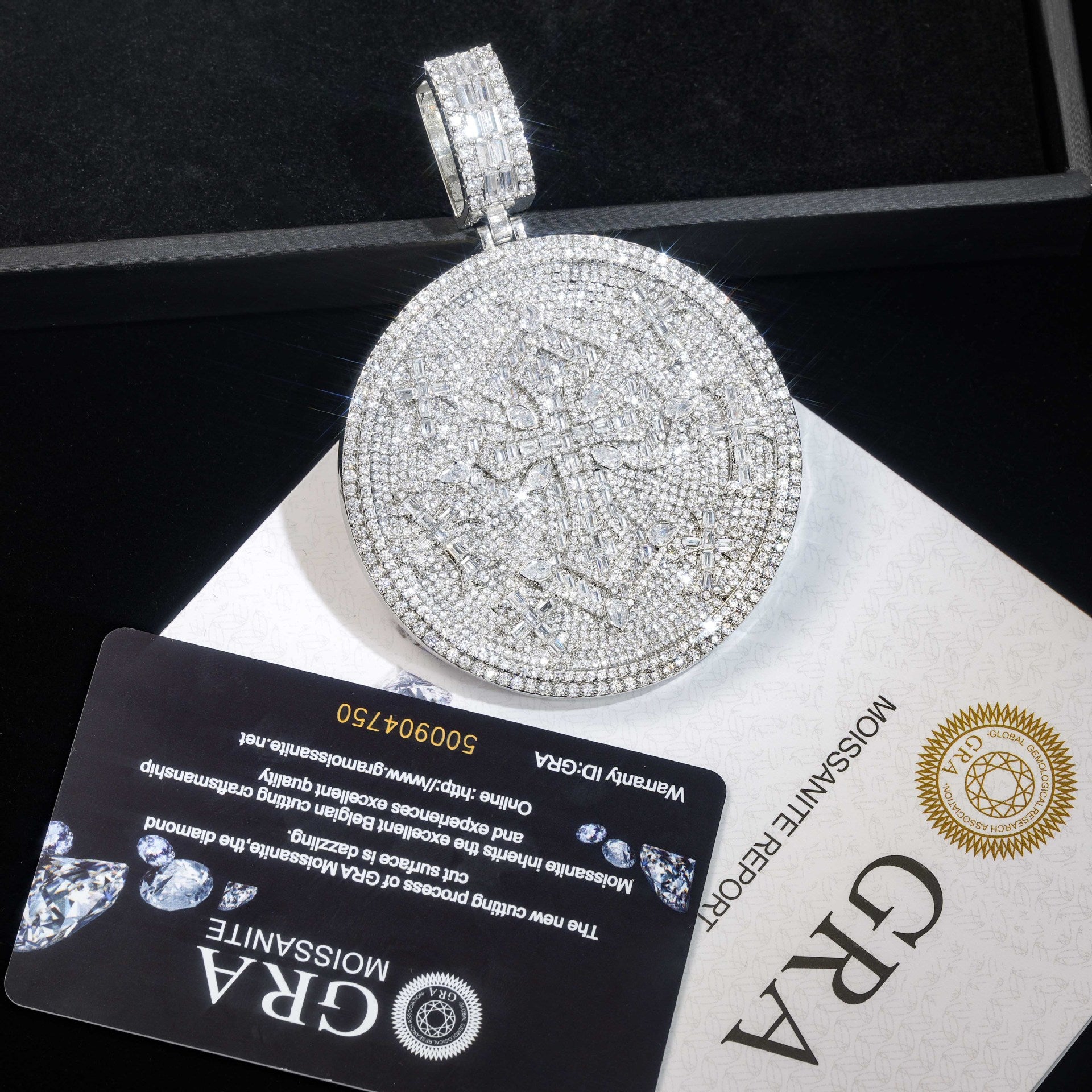 Iced Out Moissanite Round Cross Pendant — VVS Gold Plated Hip Hop Medallion Necklace 24" Rope Chain, White Gold / Two-Tone