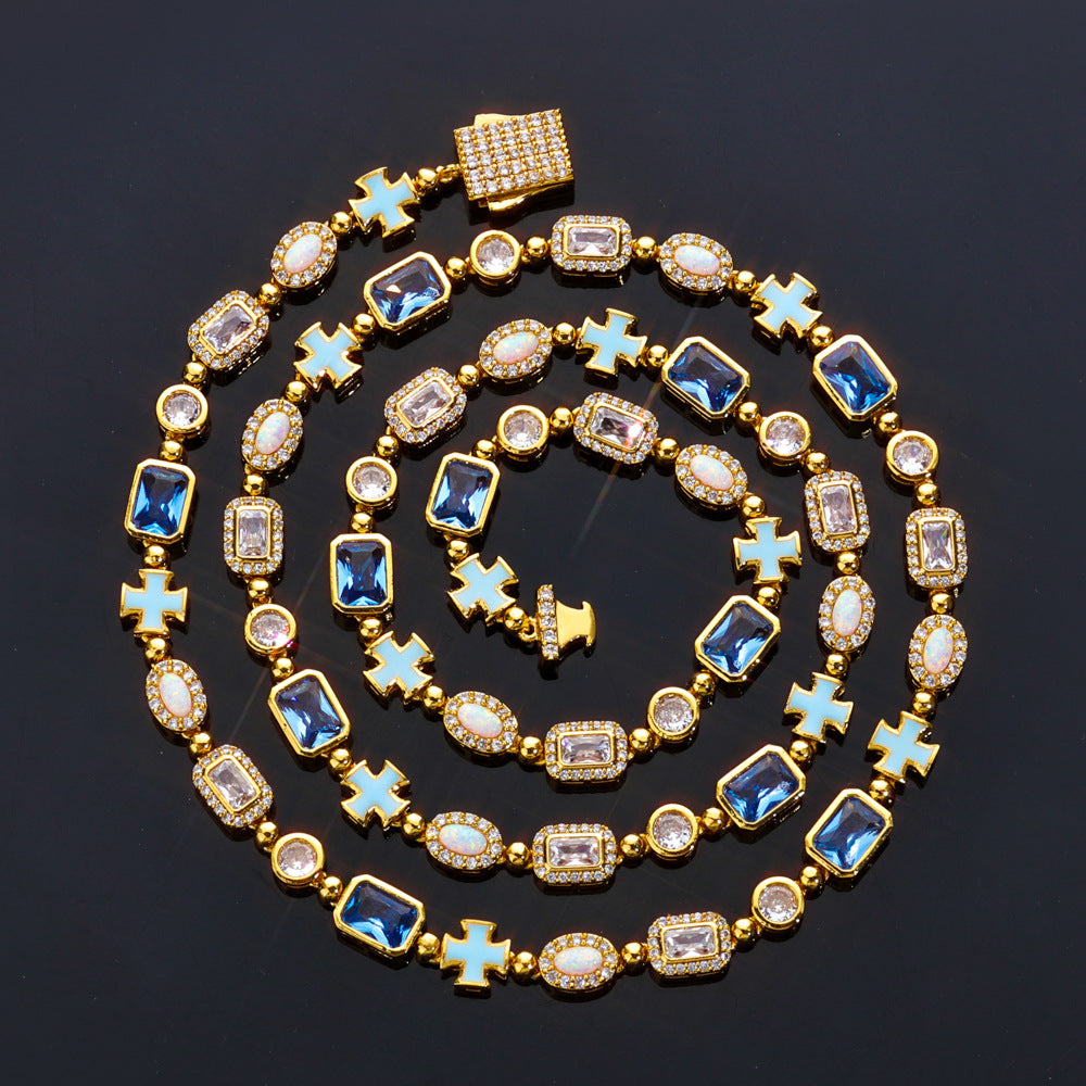 Iced Out Gold Chain Necklace for Men – Blue Gemstone Cross CZ Diamond Hip Hop Jewelry 16-24 Inch