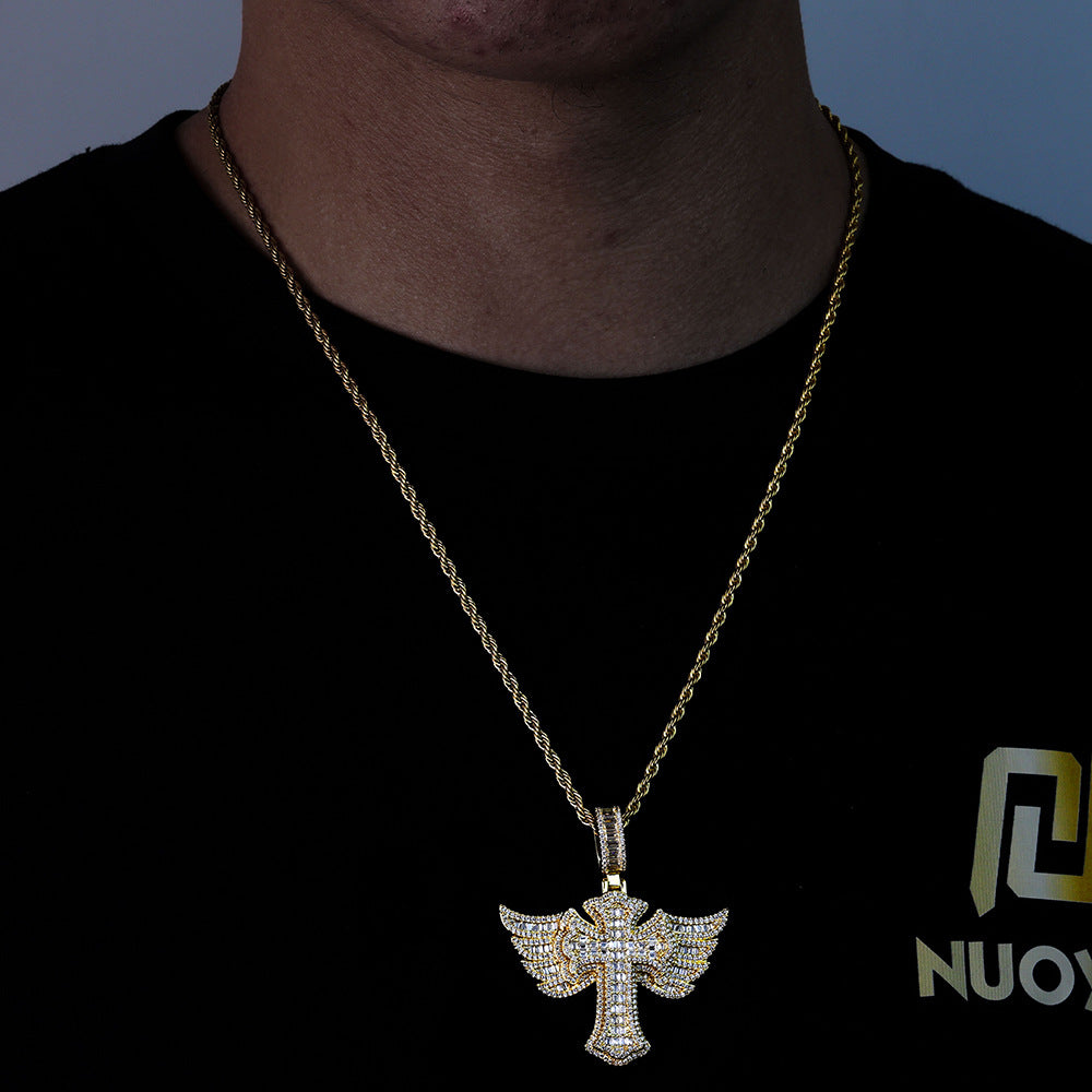 Iced Out Baguette Moissanite Cross with Angel Wings – 925 Sterling Silver Hip Hop Pendant Necklace | VVS Stones | GRA Certified