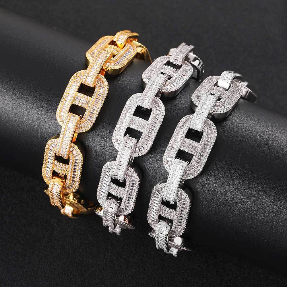 15MM Iced Out Pig Nose Bracelet – Baguette CZ Mariner Link Hip Hop Bangle | Esekeem
