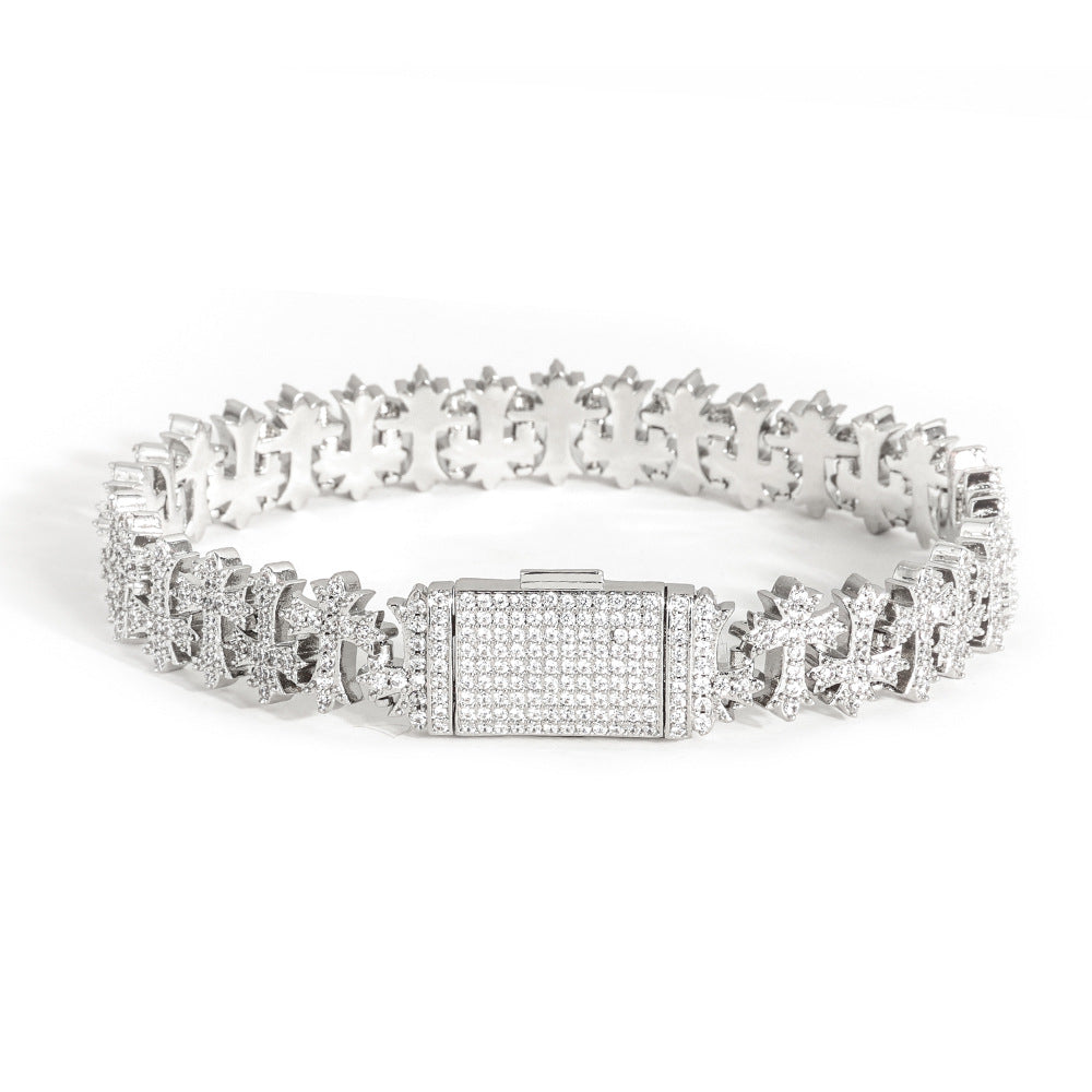 8.5mm Moissanite Cross Link Bracelet – S925 Silver Iced Out Hip Hop Cross Bracelet for Men & Women, Pass Diamond Tester