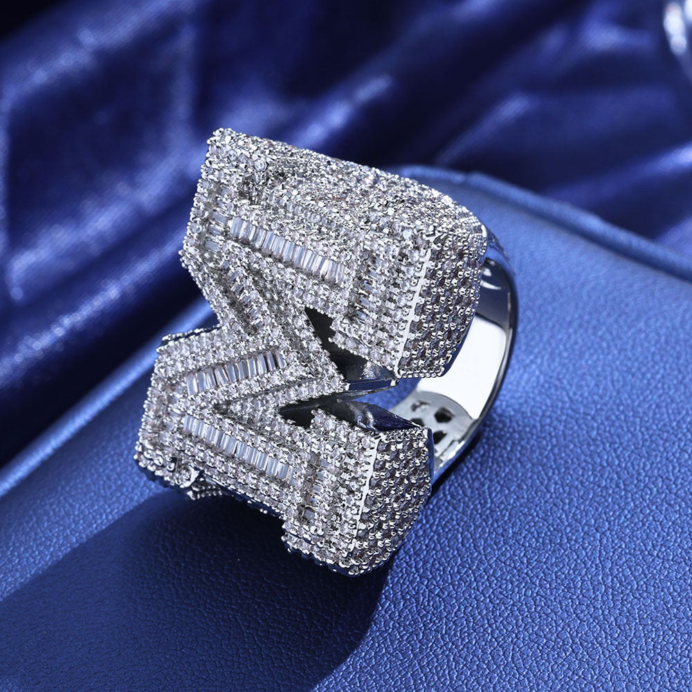 Iced Out Baguette Moissanite Initial Letter Ring – S925 Sterling Silver Custom Alphabet Ring, Hip Hop Pinky Ring for Men, US 7-11