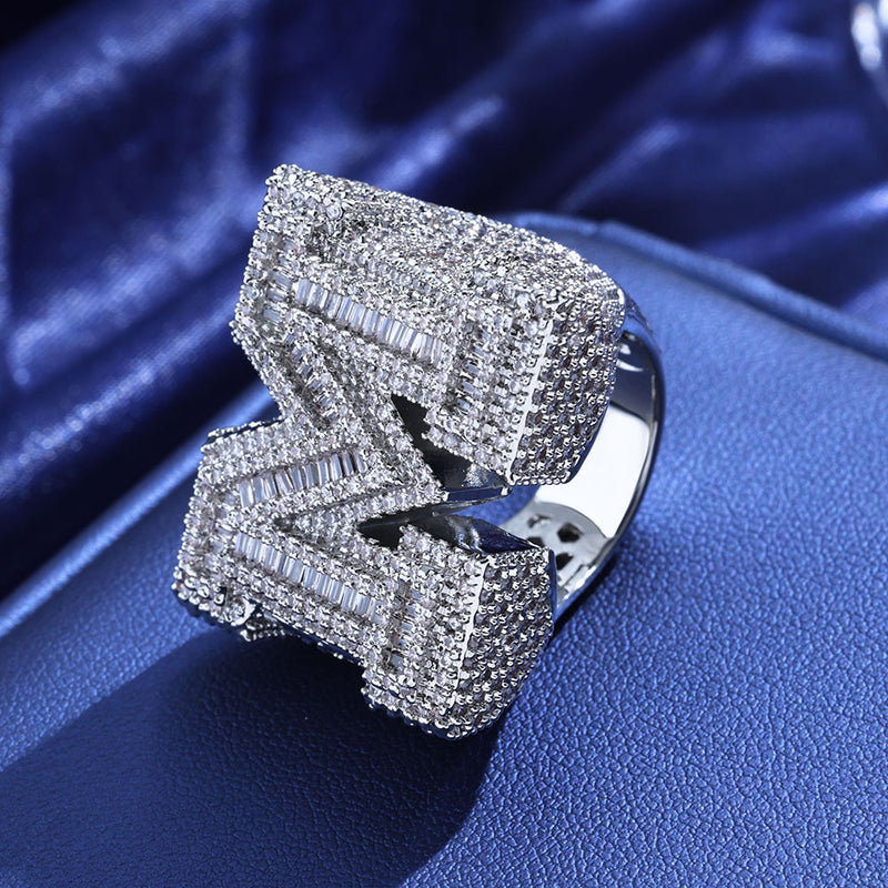 Iced Out Baguette Moissanite Initial Letter Ring – S925 Sterling Silver Custom Alphabet Ring, Hip Hop Pinky Ring for Men, US 7-11