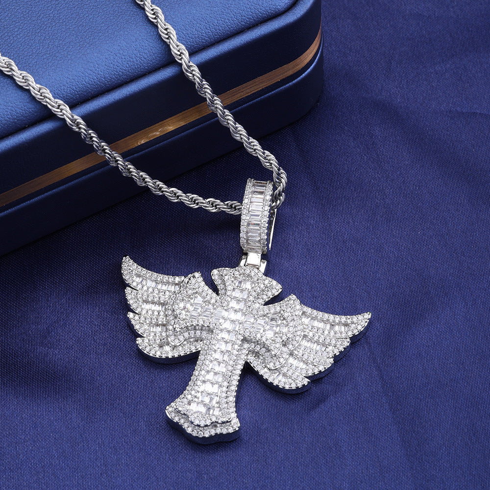 Iced Out Baguette Moissanite Cross with Angel Wings – 925 Sterling Silver Hip Hop Pendant Necklace | VVS Stones | GRA Certified