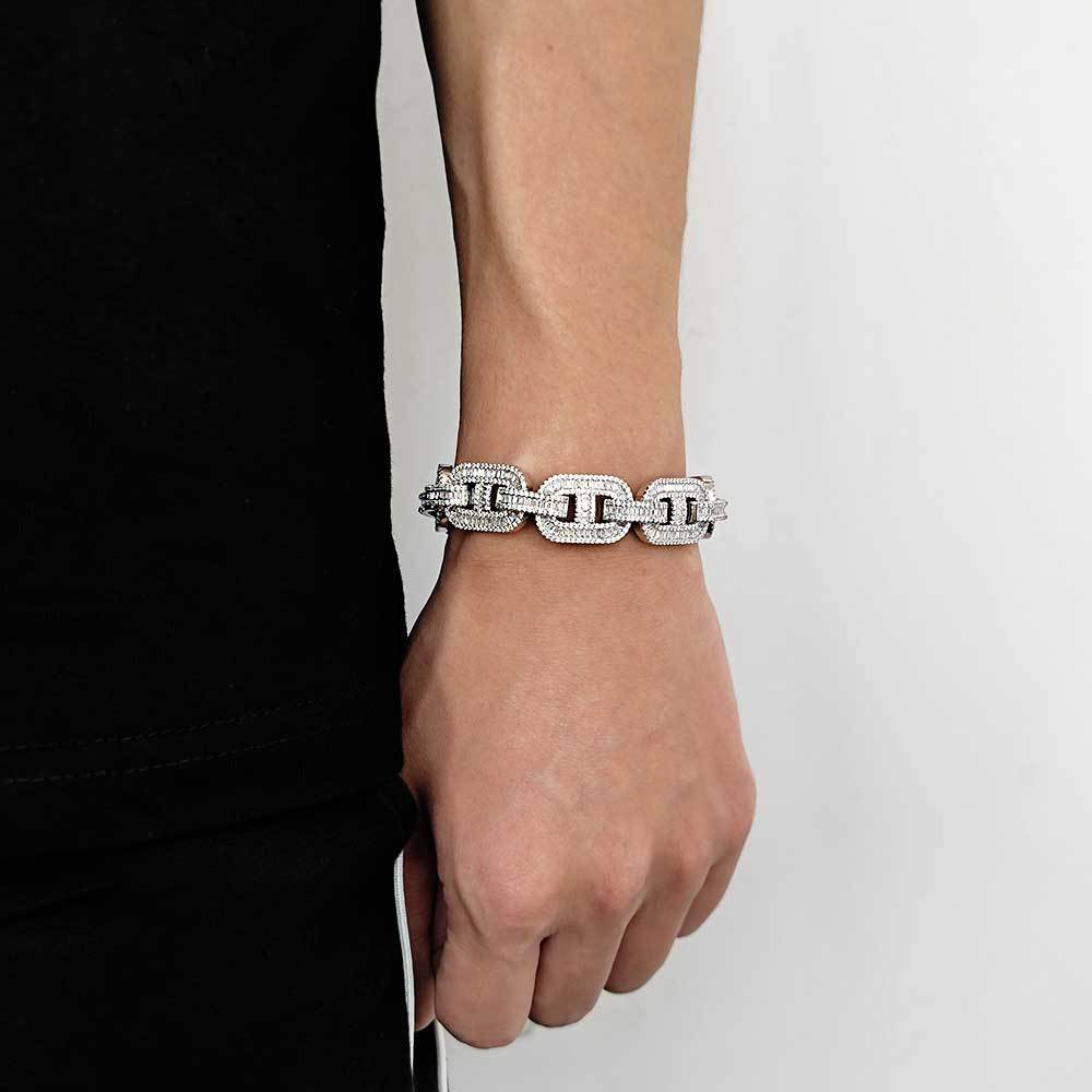 15MM Iced Out Pig Nose Bracelet – Baguette CZ Mariner Link Hip Hop Bangle | Esekeem