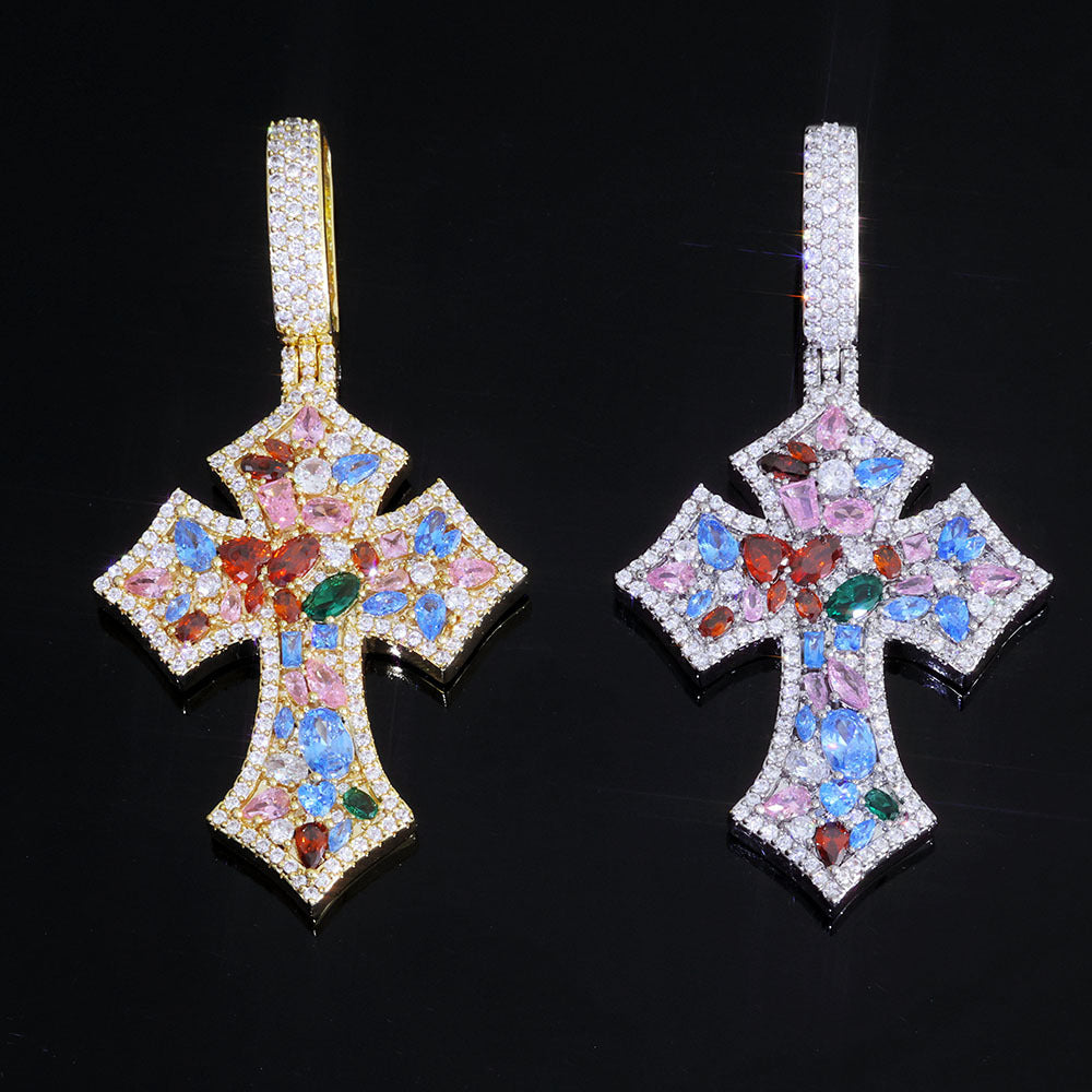Colorful Gemstone Cross Pendant Necklace – Iced Out Multicolor Zircon Hip Hop Cross Jewelry for Men & Women | Esekeem PEN296