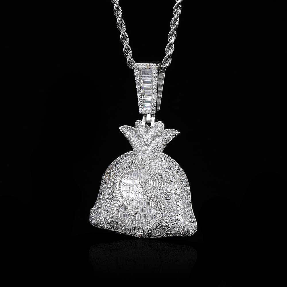 Iced Out Money Bag Pendant – Dollar Sign Baguette $ Charm Necklace | Hip Hop Bling Jewelry | 24" Rope Chain Included