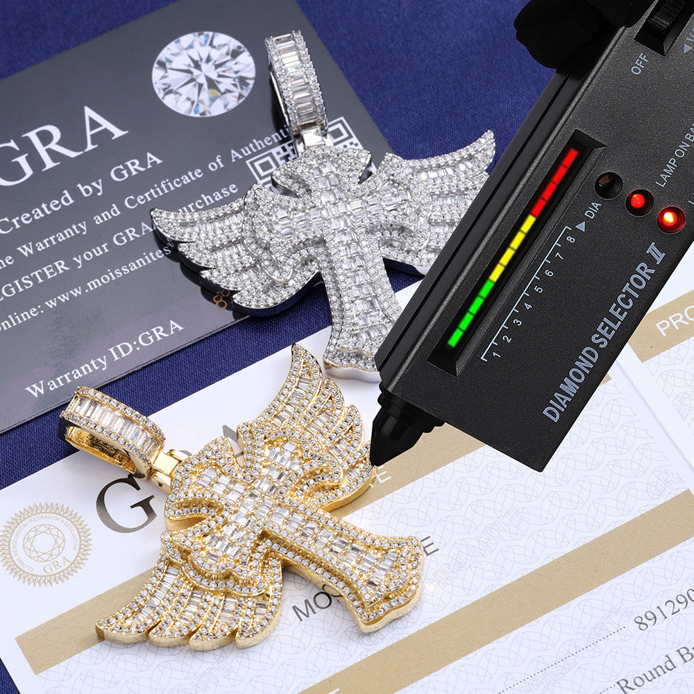 Iced Out Baguette Moissanite Cross with Angel Wings – 925 Sterling Silver Hip Hop Pendant Necklace | VVS Stones | GRA Certified