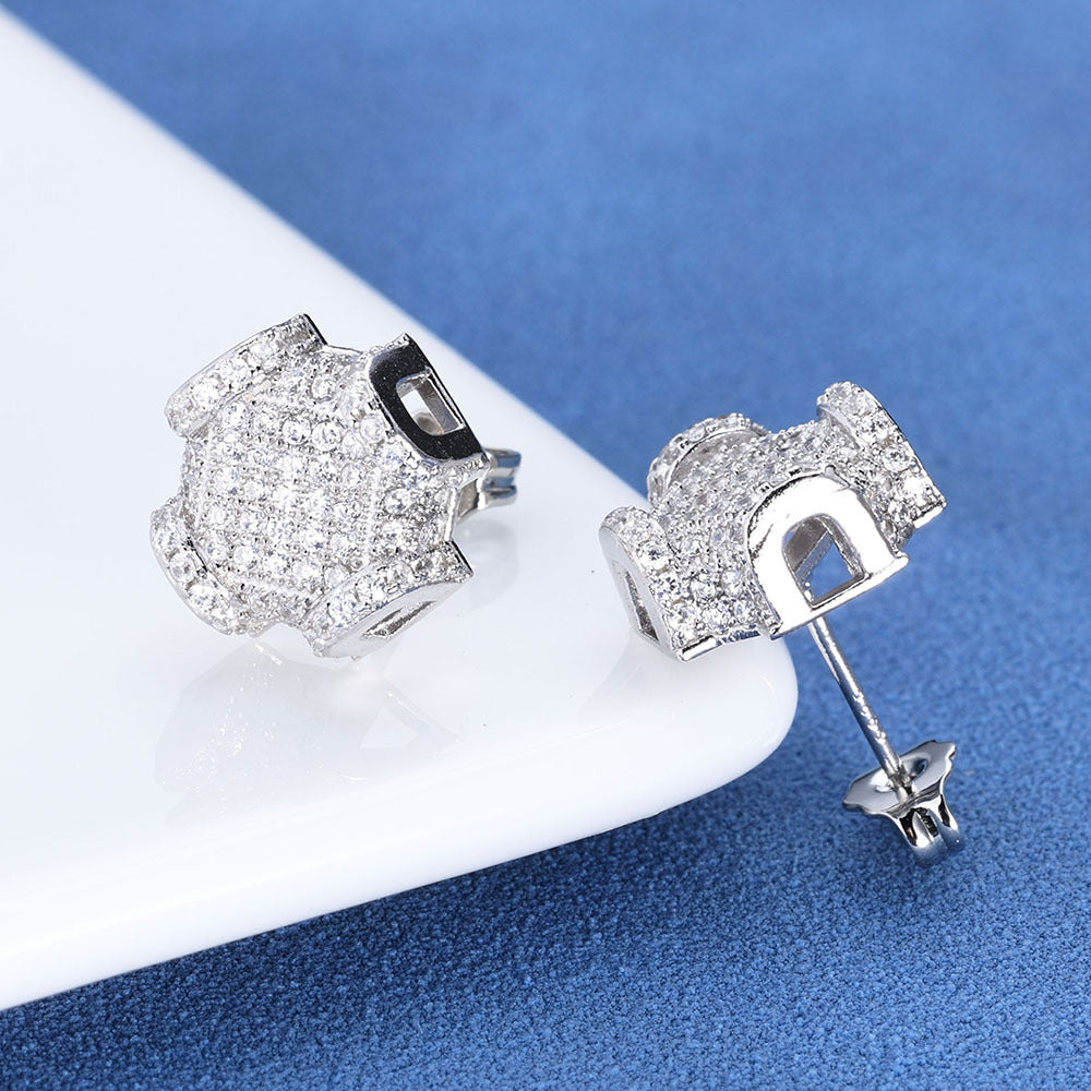 Iced Out Geometric D-Letter Cube Stud Earrings – 925 Sterling Silver Hip Hop Mens Studs | VVS Moissanite | GRA Certified | Pair