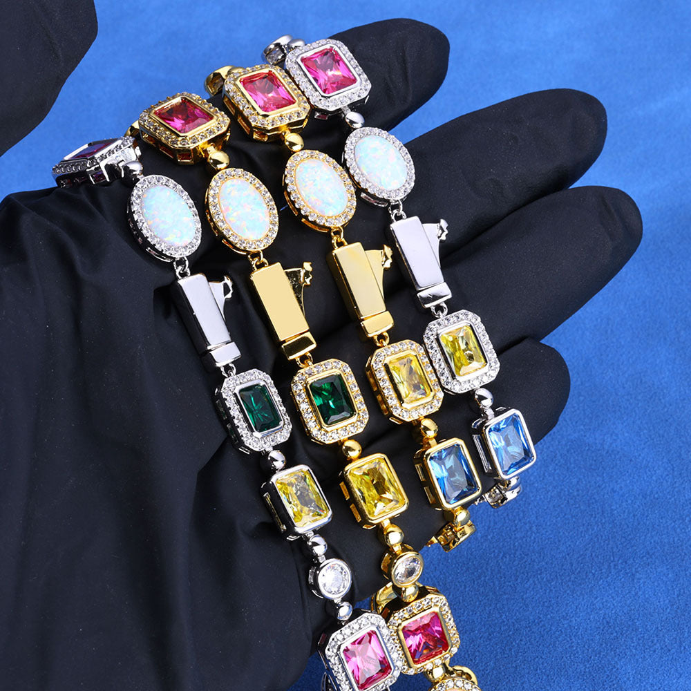 S925 Silver Multi-Gemstone Halo Tennis Bracelet – Moissanite-Iced Opal Ruby Sapphire Emerald Hip Hop Bracelet for Women