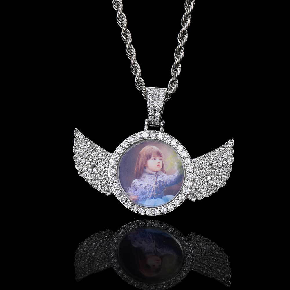Iced Out Moissanite Angel Wing Photo Pendant – Custom Picture Locket Necklace 925 Sterling Silver | VVS Stones | Hip Hop Memorial Jewelry