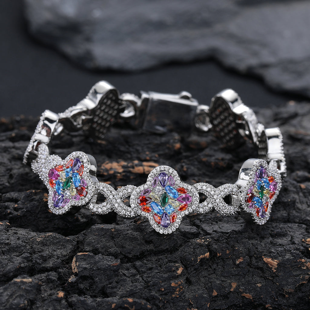 Iced Out Four-Leaf Clover Bracelet — 11mm Rainbow CZ Star Link, Gold Plated Hip Hop Tennis Bracelet for Men & Women