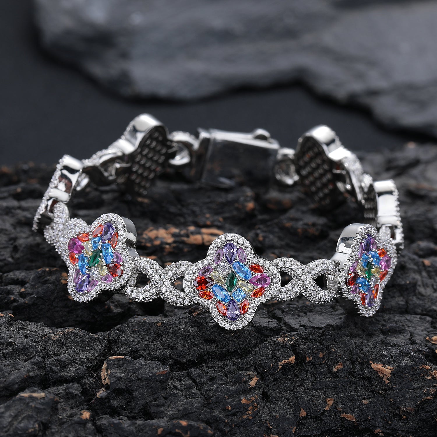 Iced Out Four-Leaf Clover Bracelet — 11mm Rainbow CZ Star Link, Gold Plated Hip Hop Tennis Bracelet for Men & Women