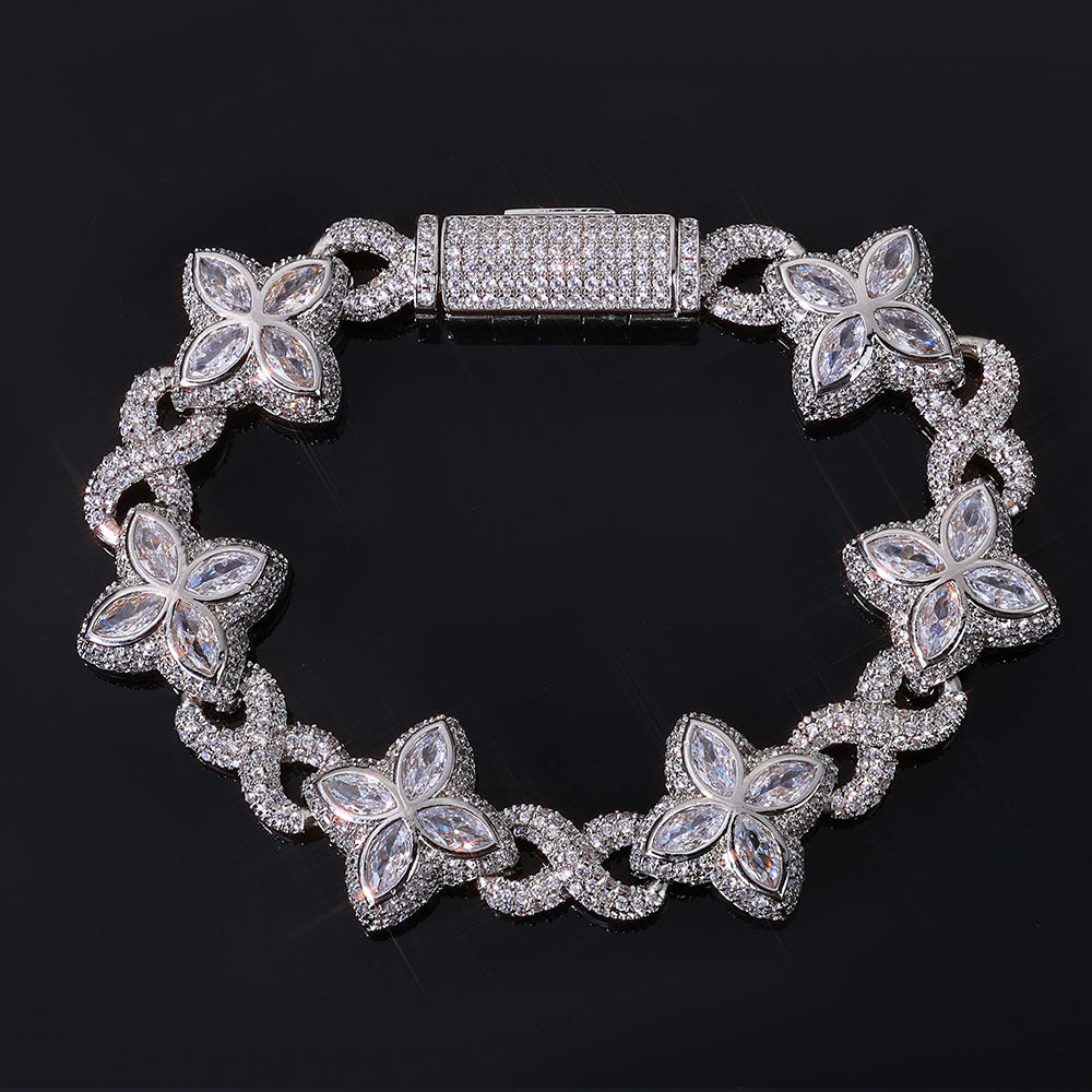 Iced Out Flower Clover Bracelet – Four-Petal Gemstone Hip Hop Bangle with Box Clasp | Esekeem