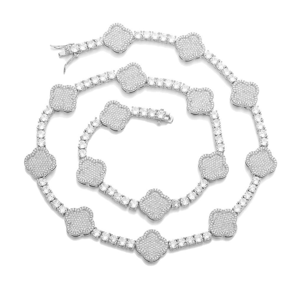Iced Out Four Leaf Clover Tennis Chain & Bracelet Set – Gold Plated CZ Hip Hop Jewelry for Men