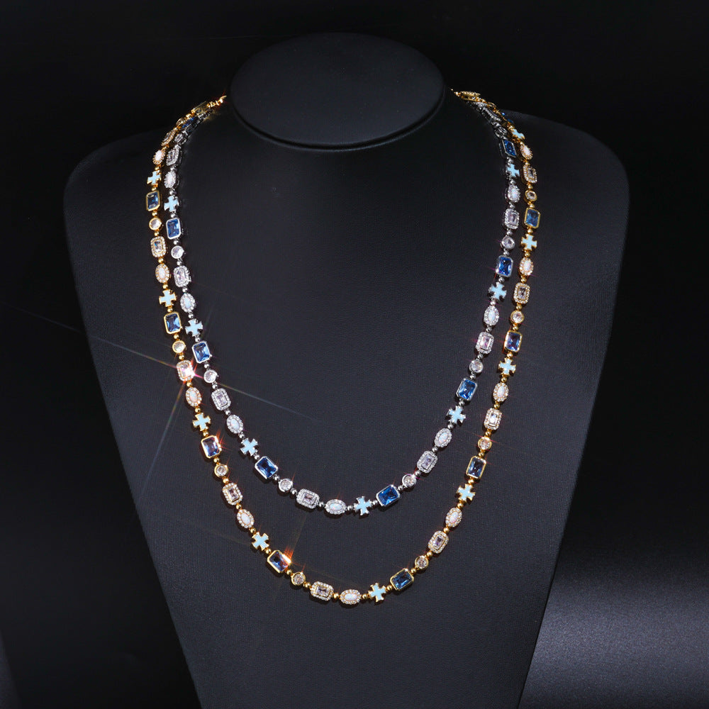 Iced Out Gold Chain Necklace for Men – Blue Gemstone Cross CZ Diamond Hip Hop Jewelry 16-24 Inch