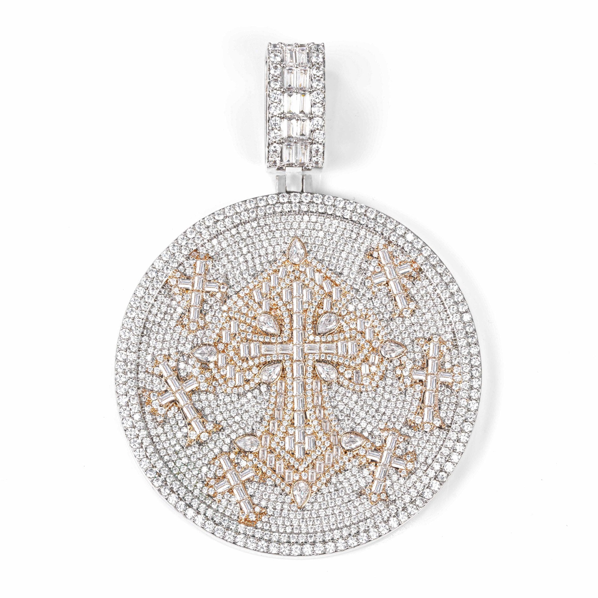 Iced Out Moissanite Round Cross Pendant — VVS Gold Plated Hip Hop Medallion Necklace 24" Rope Chain, White Gold / Two-Tone
