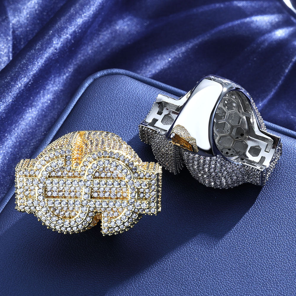 Iced Out Money Sign Moissanite Ring – S925 Sterling Silver Dollar Sign ($) Pinky Ring, Hip Hop Iced Jewelry for Men, US Size 7-11
