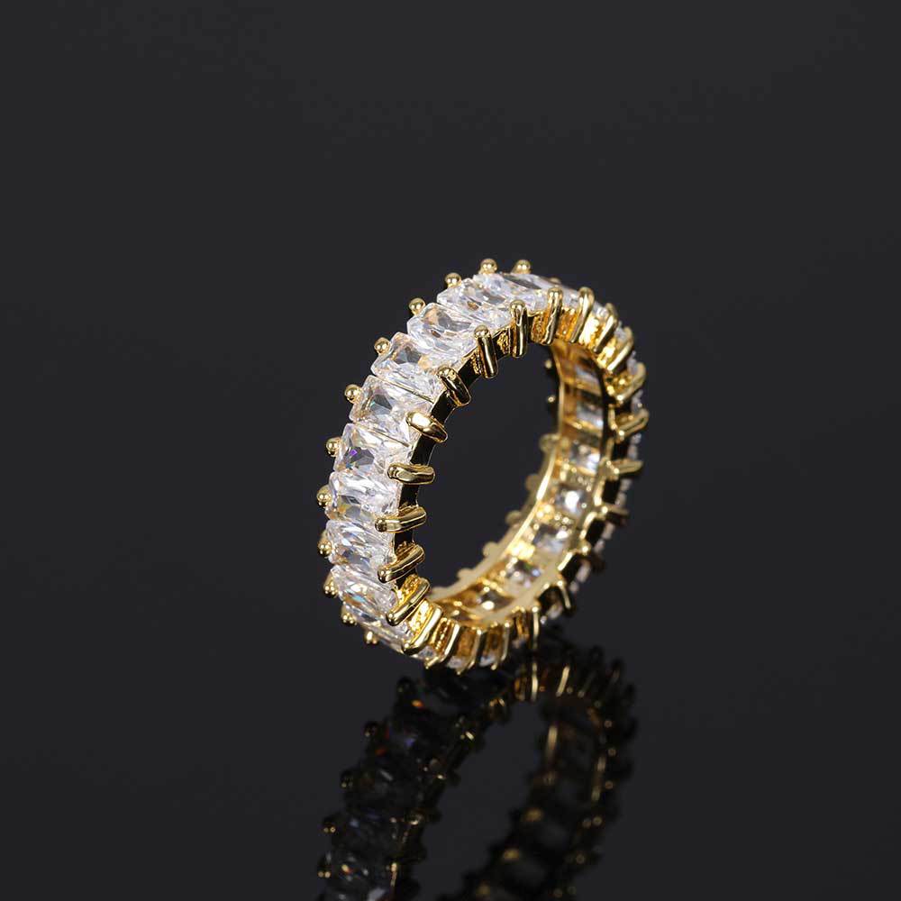 Esk EEM Emerald Cut CZ Eternity Band Ring | Iced Out Hip Hop Cuban Style | 18K Gold & White Gold Plated Copper | Unisex Statement Wedding Band Men Women Sizes 7-11