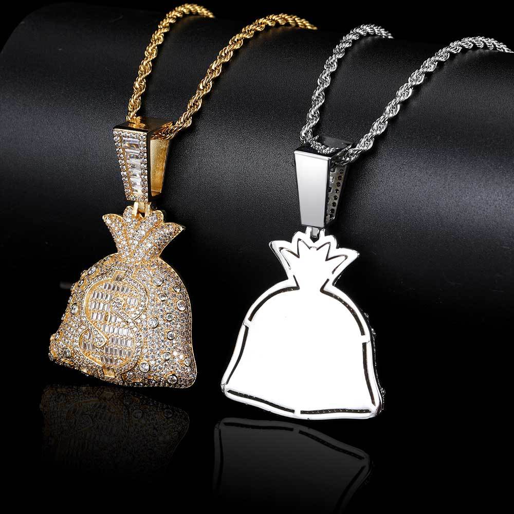 Iced Out Money Bag Pendant – Dollar Sign Baguette $ Charm Necklace | Hip Hop Bling Jewelry | 24" Rope Chain Included